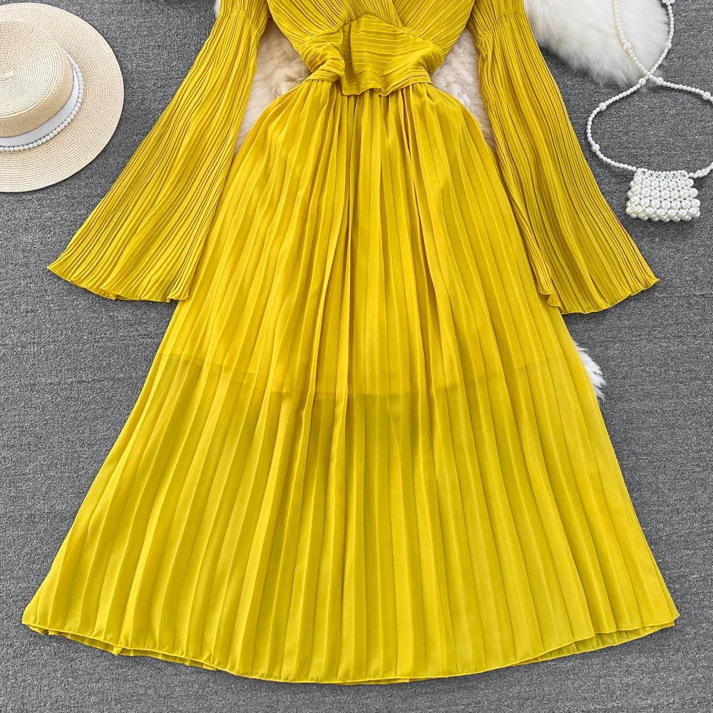 Autumn Flare Sleeve V-neck Midi Dresses for Women Solid Pleated A-line Elegant Party Dress Korean Fashion One Piece Vestidos New