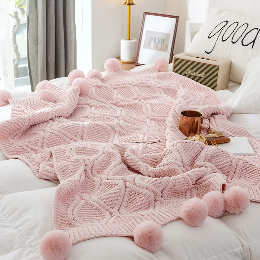 Nordic Knitted Blanket with Pompoms Chenille Crochet Thick Warm Sofa
