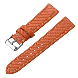 Carbon Fiber Genuine Leather Watch Band with Carbonfiber Grain Bracelet - 22mm (Orange)