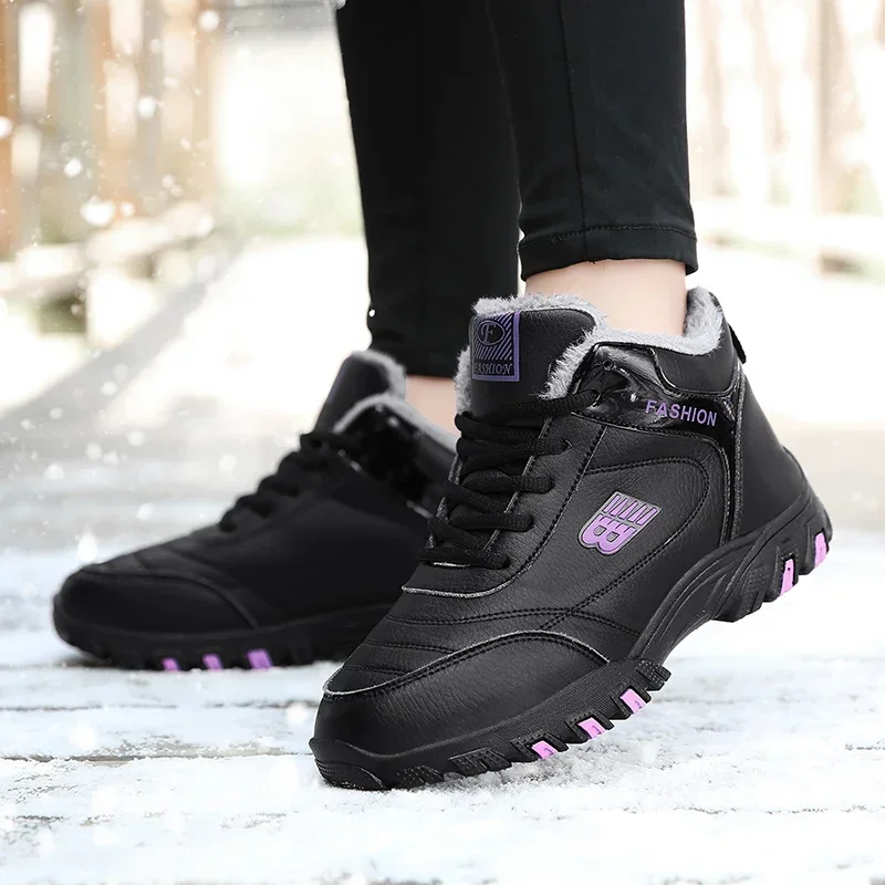 

Women's Vulcanize Shoes Winter Warm Short Plush Black Leather Sneakers Lace-Up 2023 New Chunky Fashion Casual Shoes for Women