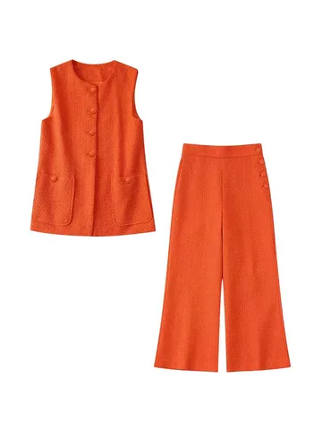 2022 Summer New Fashion Pocket Accessories Tweed Tank Top Vintage Sleeveless Female Waistcoat Chic Tops