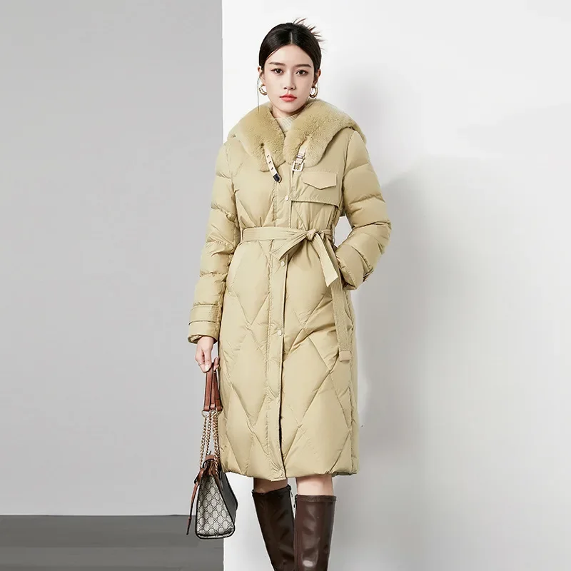 Down jacket white duck down 2023 winter fashion mid length high-end plush collar new waistband women's down jacket