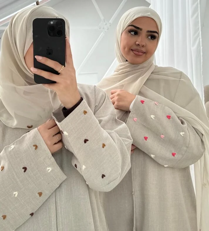 Love Heart Embroidery Cotton Linen Open Abaya Dubai Luxury 2024 Eid Plain Abayas for Muslim Women Turkey Kimono Islamic Clothing