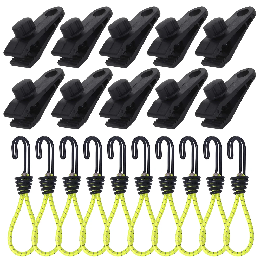 20 Stück Camping-Plane-Clips, elastische Seilklemme, Segeltuch, robust, mit Schlossgriff, Zelt-Clips, Bungee-Seil, inklusive (10 Stück Clip und Seil) – Detail 4