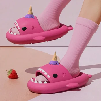 Cute Ice cream Shark Slippers Women Men Summer Shoes Thick Sole Anti-slip Indoor Bathroom Slides Couples Beach Street Sandals