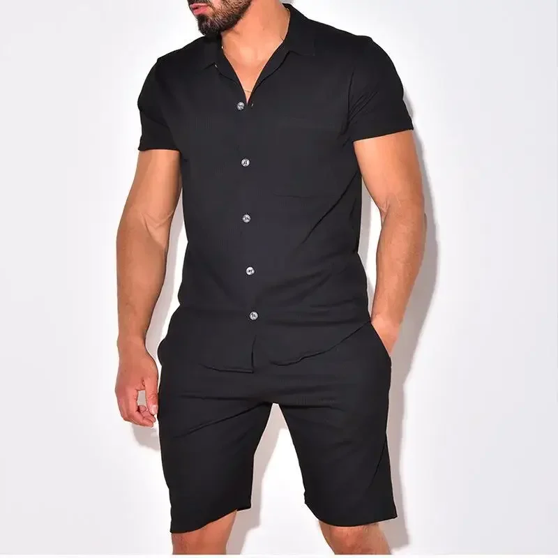 2024 Summer Turn-down Collar Casual Loose Men's Sets Solid Soft Single Breasted Button Shirts Shorts Suit Mens Two-piece Suits 4