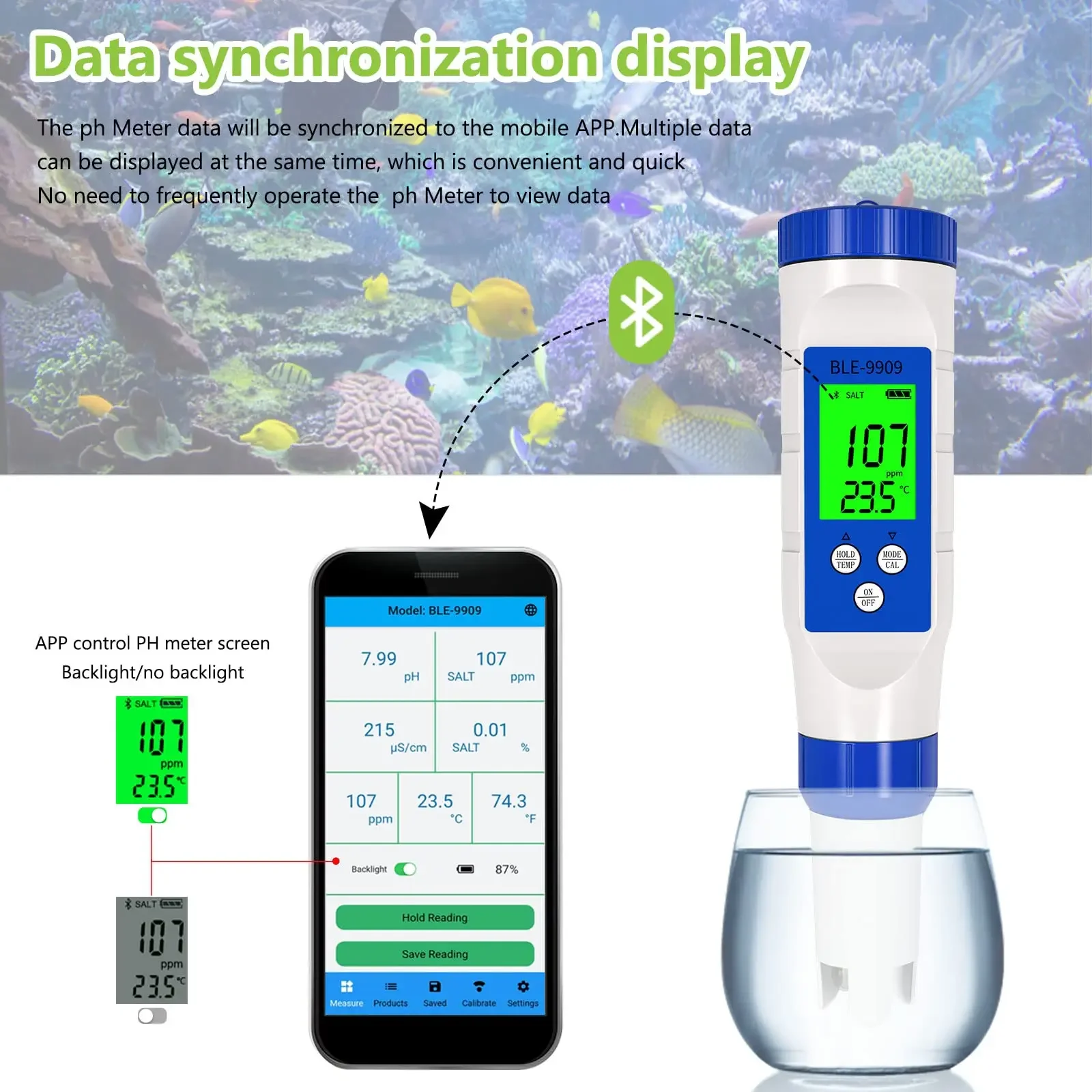 5 in 1 PH/TDS/EC/Salinity/Temp Meter with ATC, Smart Bluetooth PH Tester for Pools, Seawater, Aquariums, Koi Fish Pond