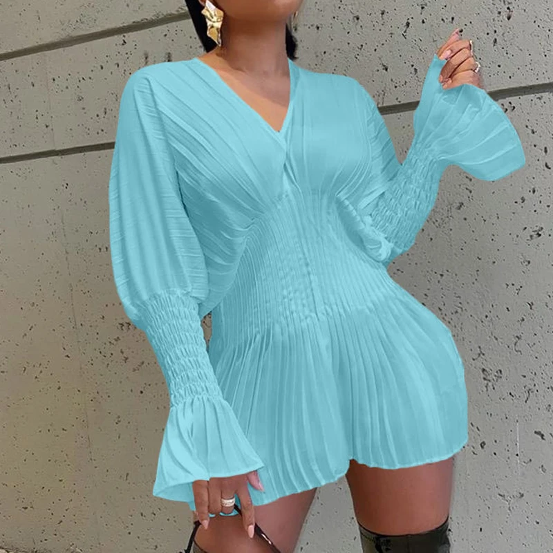 

Spring Autumn Sexy Slim Mini Dress Vestidos Elegant Pleated Deep V Neck Women Dress Fashion Flare Long Sleeves Solid Party Dress