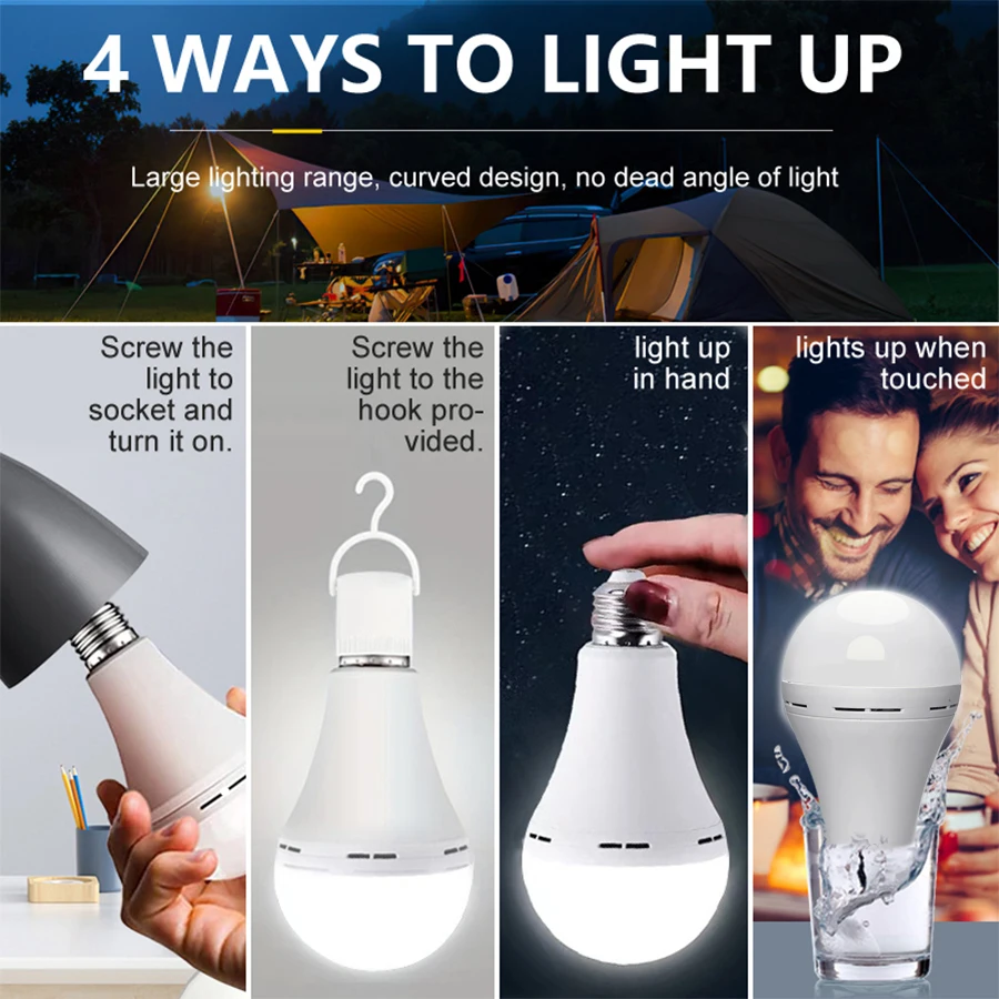LED 충전식 전구 고휘도 7W 9W 12W 15W 비상용 LED 램프 전구, 야외 캠핑, 가정용 정전, 현관등으로 사용 가능