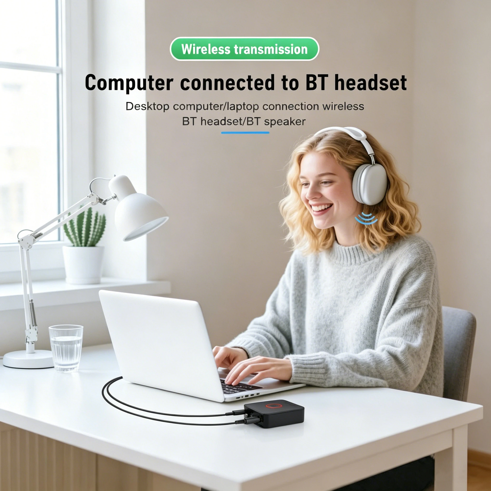 Kebidumei Bluetooth6.0 오디오 어댑터 수신기 송신기 무선 스테레오 음악 3.5mm AUX RCA 지원 PC 스피커 용 듀얼 장치
