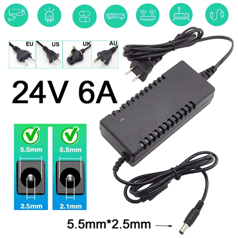 

24Volt Universal AC 110V 220V to DC 24V 6A Adapter Power Supply Converter Charger Switch LED Strips Light CCTV Router