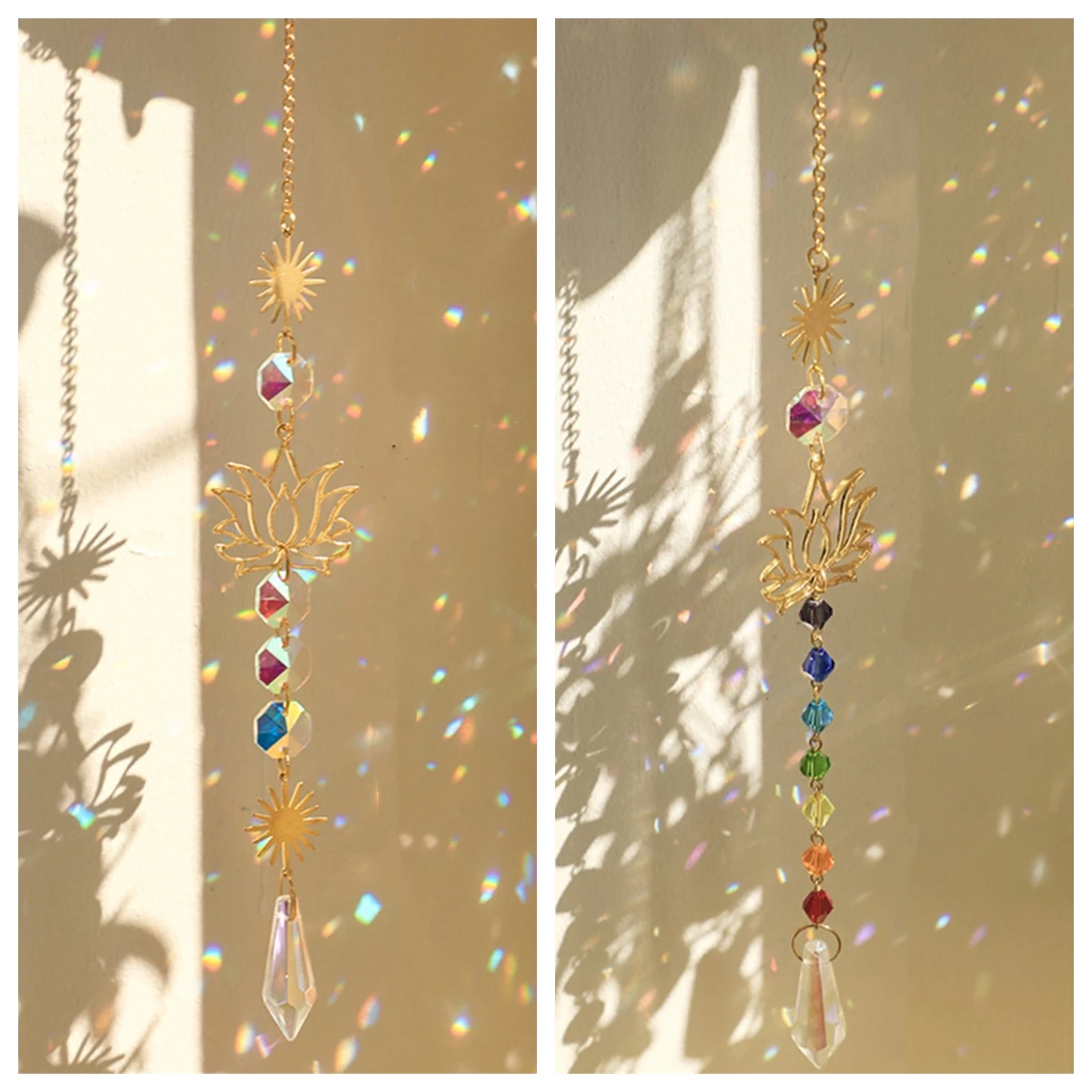 1Pc Golden Lotus Sun Catcher Pendant Colorful Water Drop Crystal Festival Wedding Party Decoration Pendant Gardening Craftings