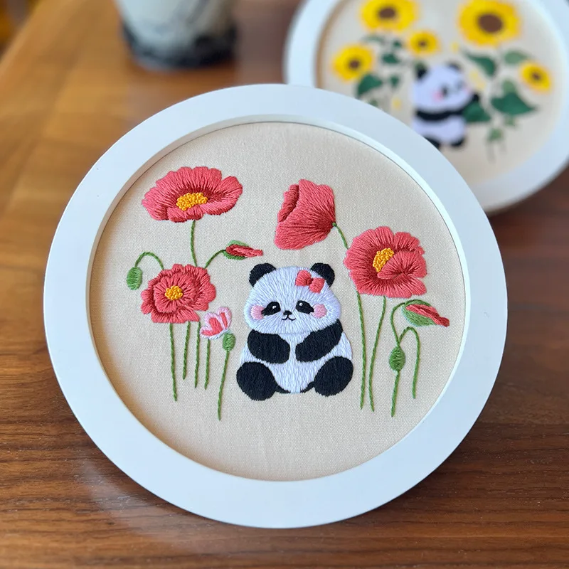 Embroidery Starter Kits Panda Flowers Pattern Instructions Color Threads Needles for Beginners embroidery kits