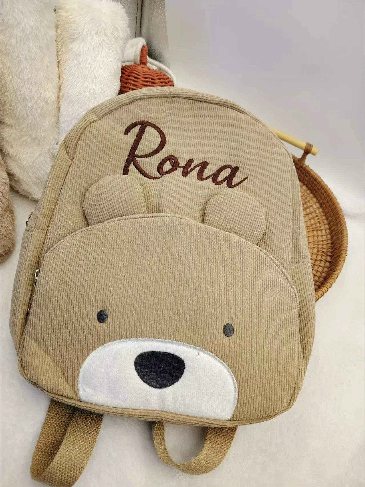 Personalized corduroy Backpack custom name embridery kindergarten schoolbags for children girls boys solid baby cute bags bear 3
