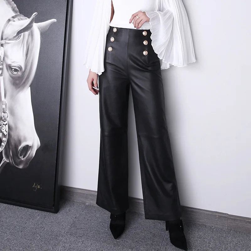 2024-Women-Spring-New-Genuine-Lambskin-Leather-Pants-High-Waist-Metal ...