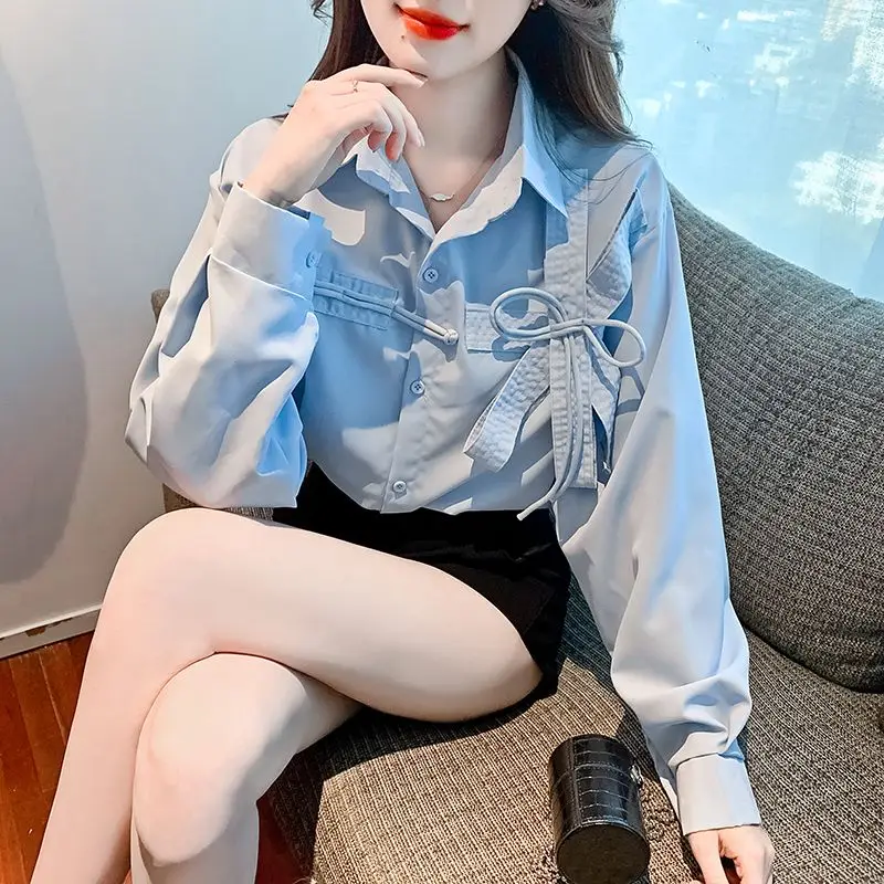 Spring Autumn New Solid Color Fashion POLO Collar Shirt Women High Street Casual Long Sleeve Cardigan Bow Patchwork Chic Tops