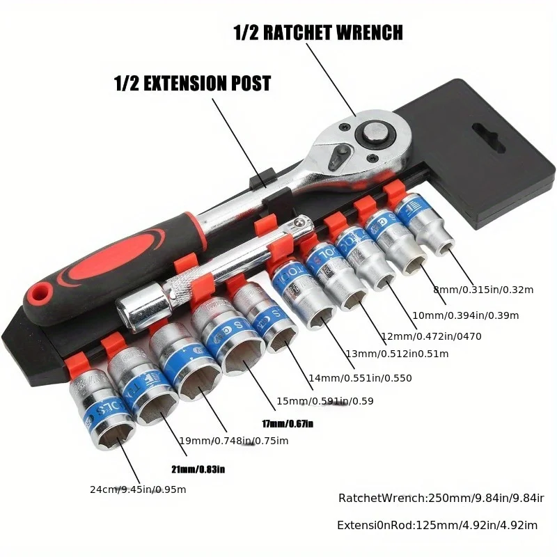 12pcs Socket Wrench Set 1/2 Inch Metric Impact Sockets Ratchet Spanner Complete Tool Kit Professional Garage Repair Tool