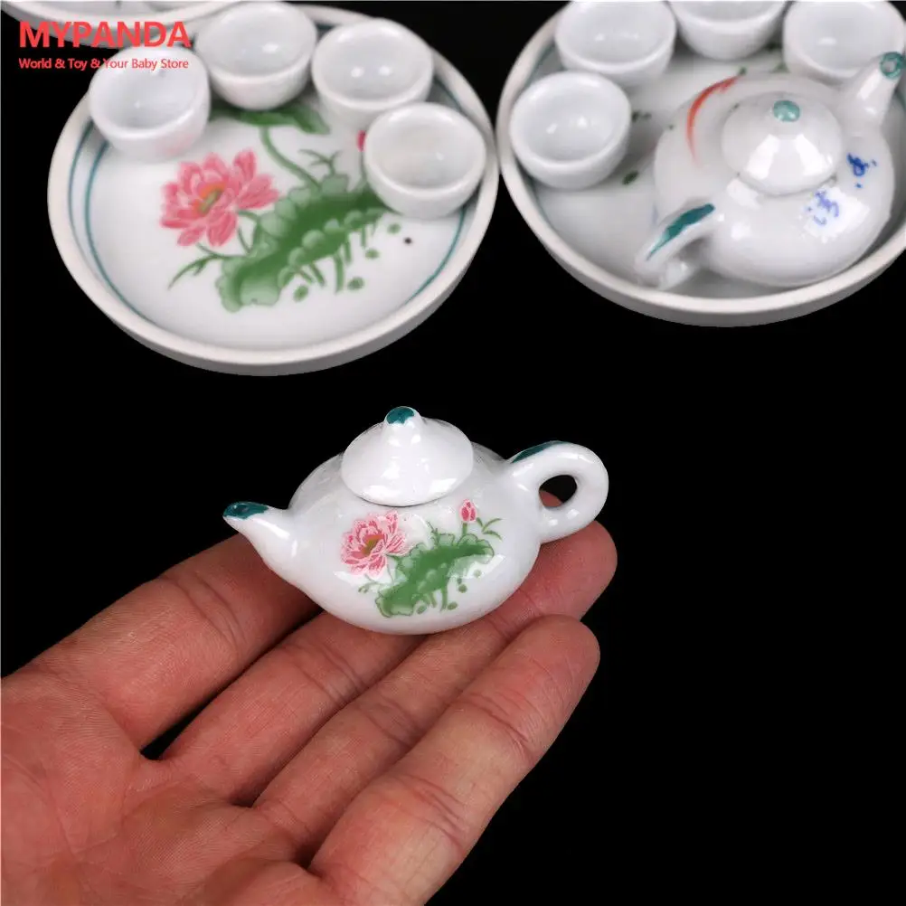 

6pcs Tea pot Tea cups Round dishes Miniature Dollhouse dinnerware porcelain tea set tableware Cup plate Colorful floral print