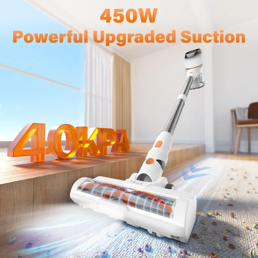 2025 Tikom Cordless Vacuum Cleaner for Home, 40000Pa/450W Stick Vacuum with LED Touch Screen, Charging Wall Dock, Anti-Tangle 2