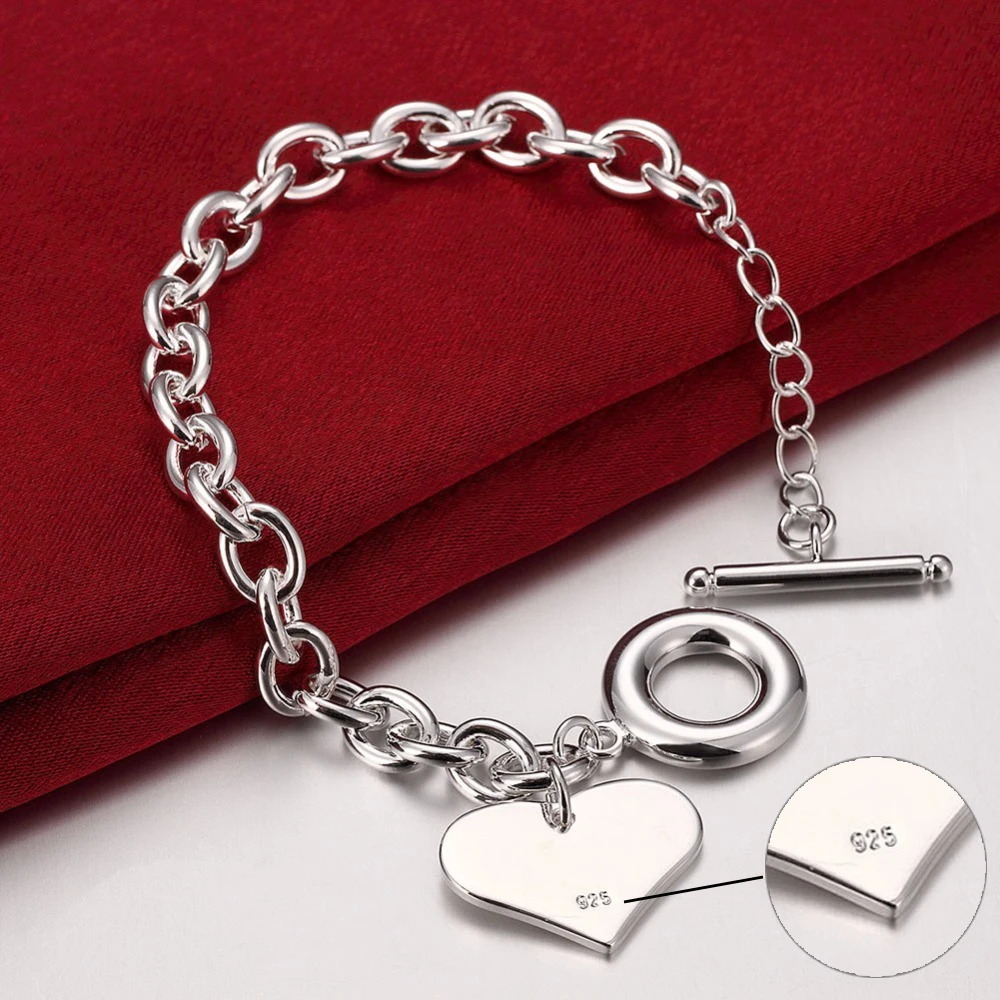 Hot Sale 925 Sterling Silver Lucky Bracelets Cuff Fashion Love Heart Chain Bangle Women Ladies Girls Jewelry Gift Christmas