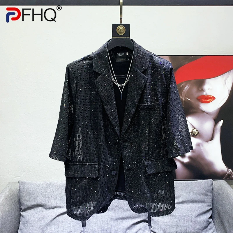 

PFHQ High QulityCasual Breathable Hollow Sun Protection Tops Men's Tide Three Quarter Sleeve Hansome Ccreativity Blazers 21Z1657