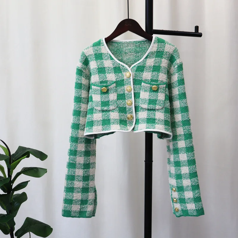 

Женский клетчатый кардиган Hsa, укороченный деловой кардиган на пуговицах, свободный стильный элегантный свитер и вязаное пальто