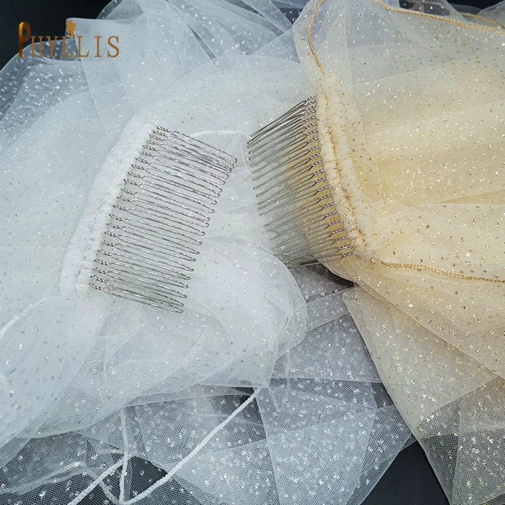 B62 Short Bridal Veil with Comb Luxury Pencil Edge Wedding Veil Turkish Glitter White Champagne Bride bridal veil