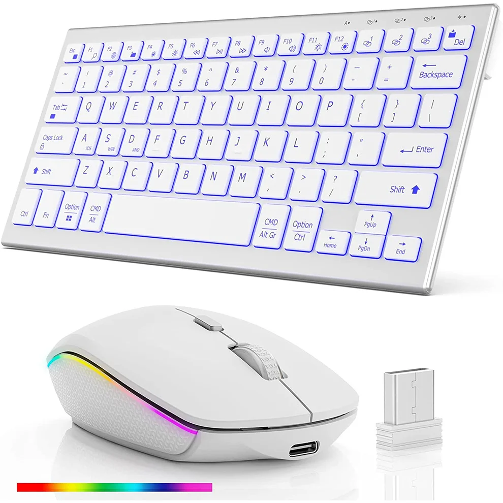 7 색 백라이트 블루투스 키보드 및 마우스 세트, 2.4G USB 충전식 무선 키보드 마우스, 태블릿 노트북 윈도우용