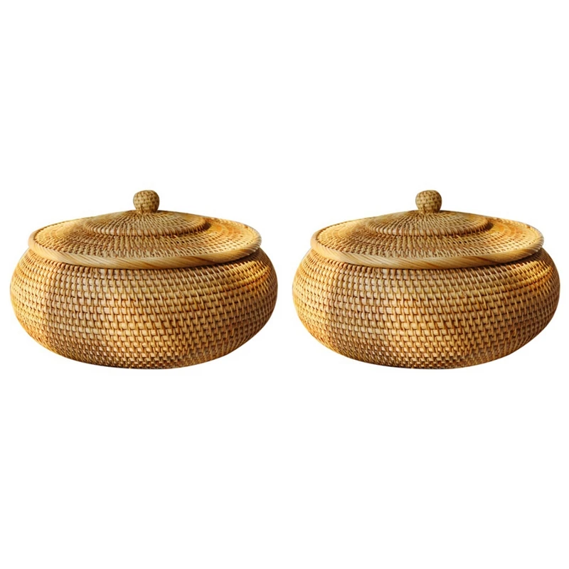 

AFBC 2X Round Rattan Box,Wicker Fruit Basket With Lid Bread Basket Tray Storage Basket Willow Woven Basket For Bread, Snack