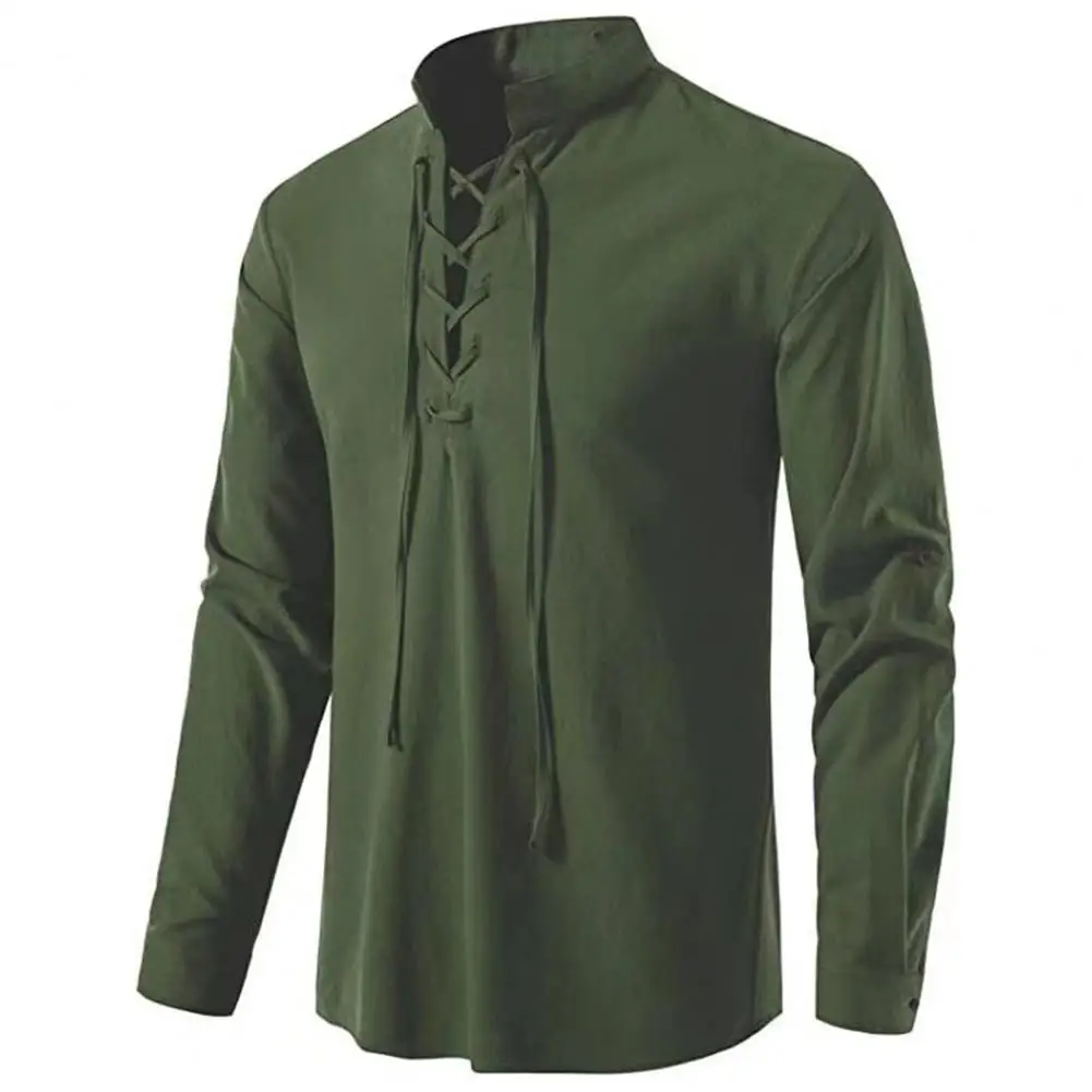 

Stand Collar Shirt Vintage-inspired Men's Slim Fit Tops with Stand Collar Lace-up Detailing for Casual Stylish Look Versatile
