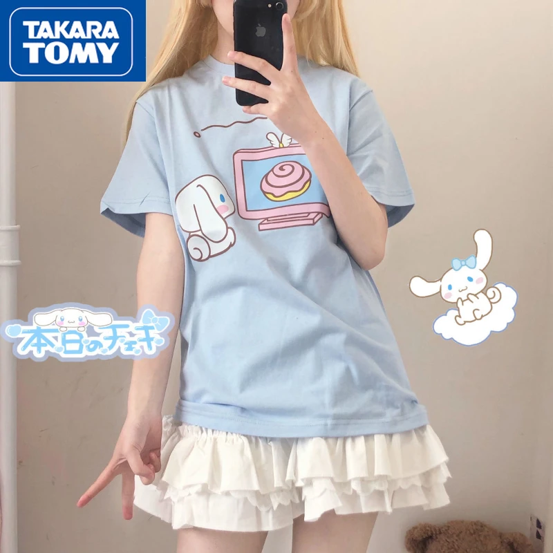 

Летняя свободная хлопковая Повседневная футболка TAKARA TOMY 2022 с коротким рукавом и круглым вырезом, милый топ с принтом Hello Kitty для девушек