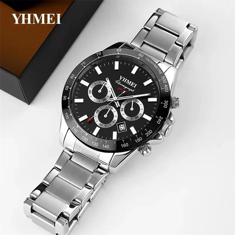 2022 New Casual Sport Chronograph Men's Watches Stainless Steel Band Wristwatch Big Dial Quartz Clock with Luminous Pointers