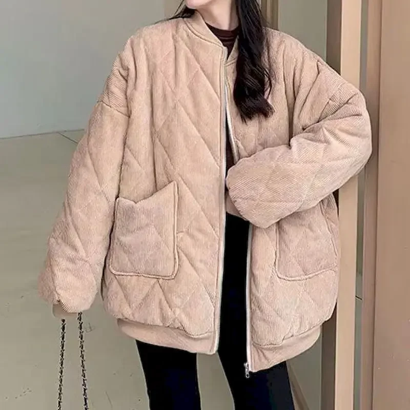 Women Thick Jackets V-neck Puffer Corduroy Parkas High-Quality Warm Vintage Wild Coats New 2023 Autumn Winter Female Overcoat
