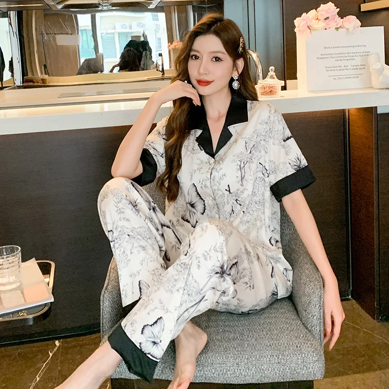 여성용 럭셔리 잠옷, 얇은 파자마, 우아한 여성용 잠옷, 인조 실크 라펠 파자마 세트, 반팔 긴 바지