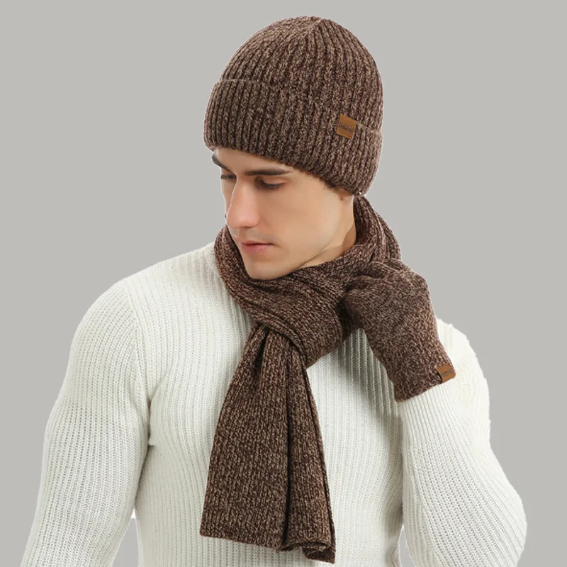 Winter hat Winter accessories Knitted hat scarf set Men's autumn winter keep warm set beanie gloves scarf male woolen yarn knitted muffler spring fall hat solid color neckerchief