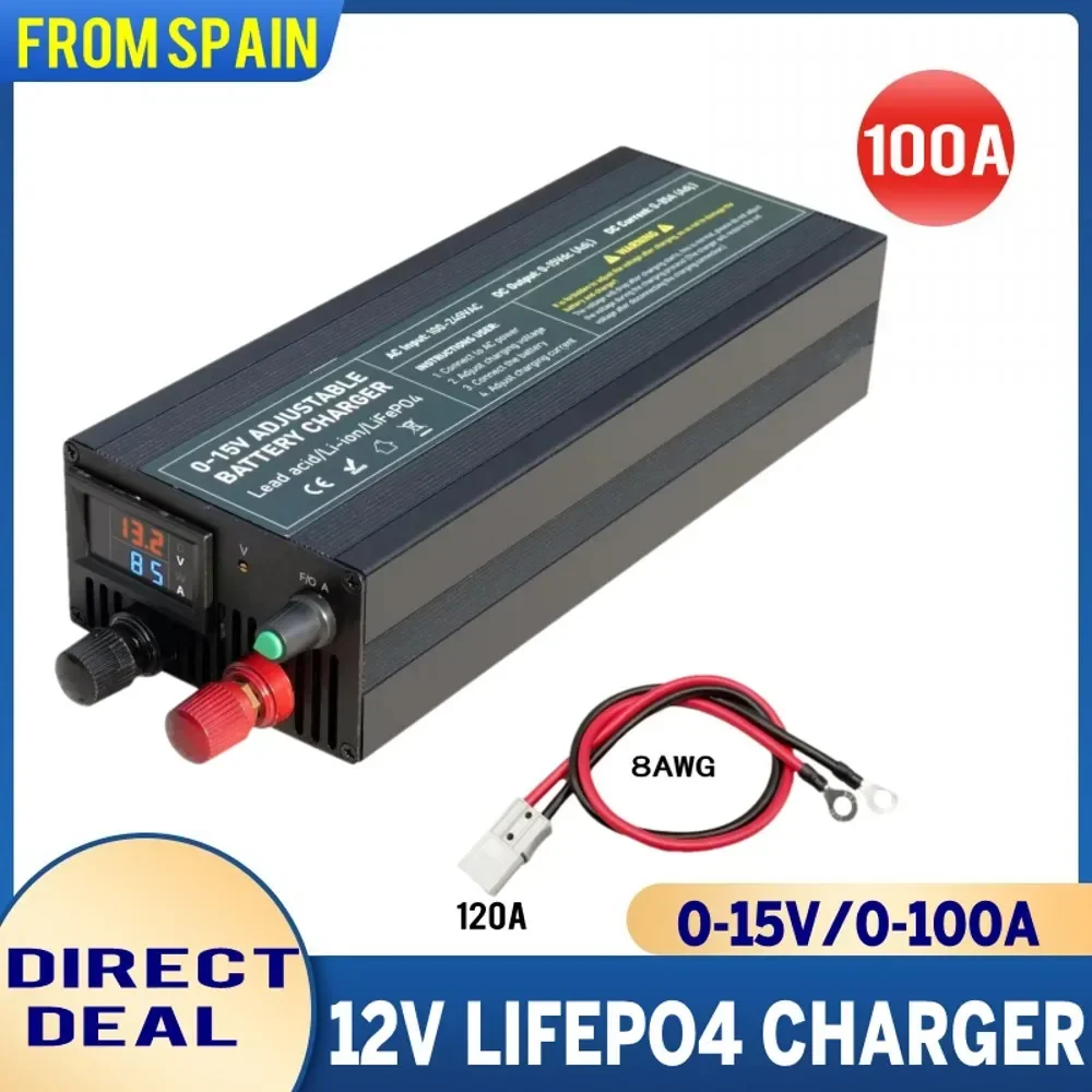 12V 85A Lithium Battery Charger 100A Lifepo4 Charger Power Fast Charge 100v-240v  Adjustable Voltage Current Battery Adapter