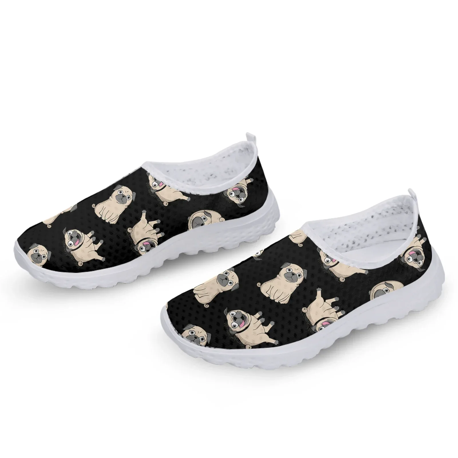 Black Fun Pug Print House Shoes Pet Dog Print Lightweight Soft Mesh Shoes Summer Outdoor Breathable Casual Shoes