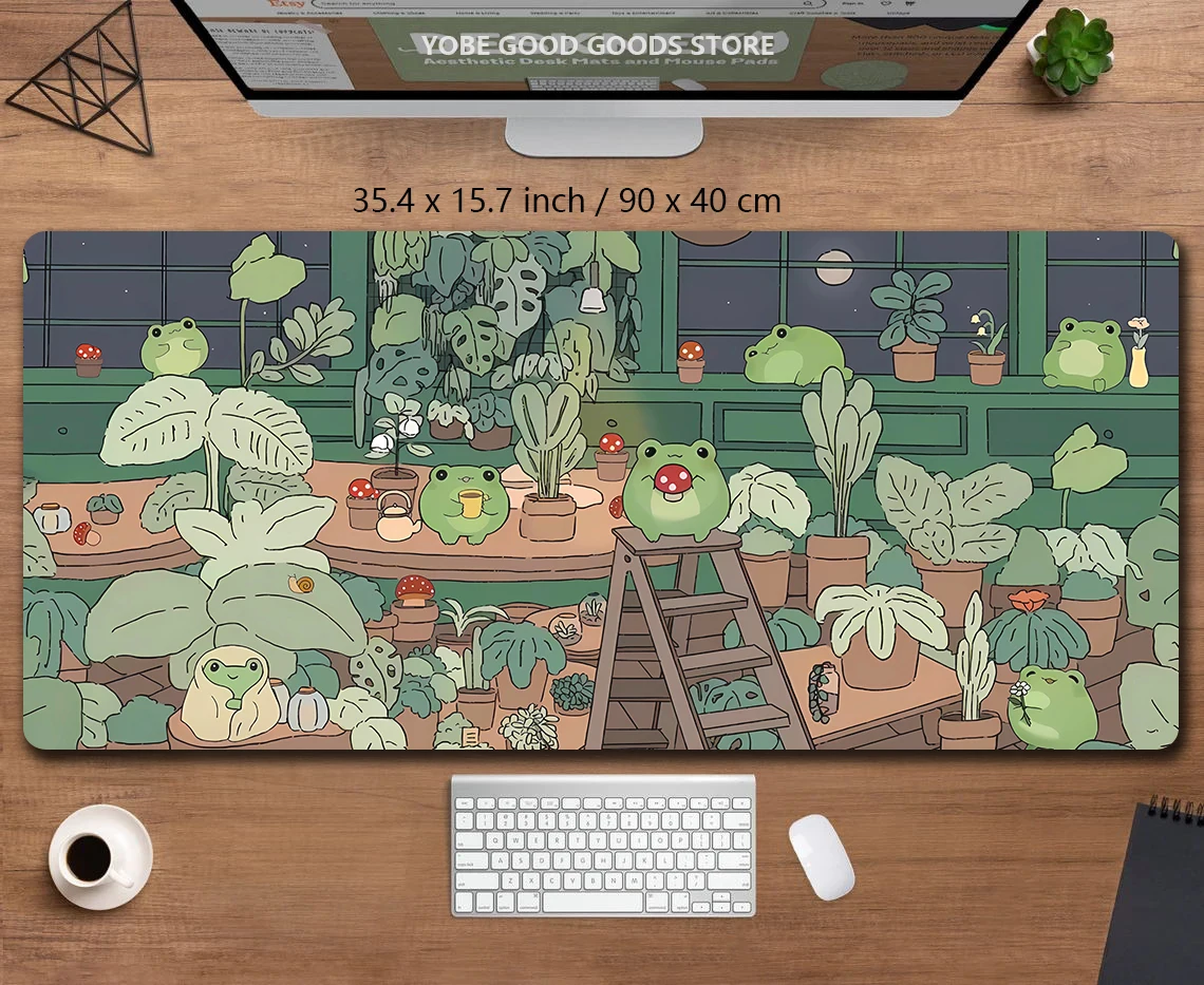 Tapete de Mesa Sapos Kawaii Grande Jogo Mousepad Fofo Mouse Pad Anime Cozi Lofi Estético Planta Natureza Verde Deskmat Estendido xl - Imagem 3