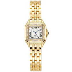 UTHAI Women's Luxurious Stainless Steel Strap Quartz Watch with Elegant Design (Diamond Gold)