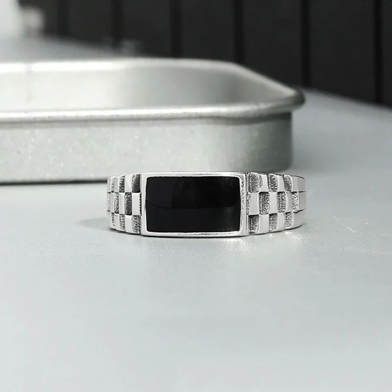 Silver Rings Silver Ring Wedding Rings Crystal Black Rectangle Ring Male Wedding Finger Accessories Classic Square Ring 925 Men Jewelry Adjustable