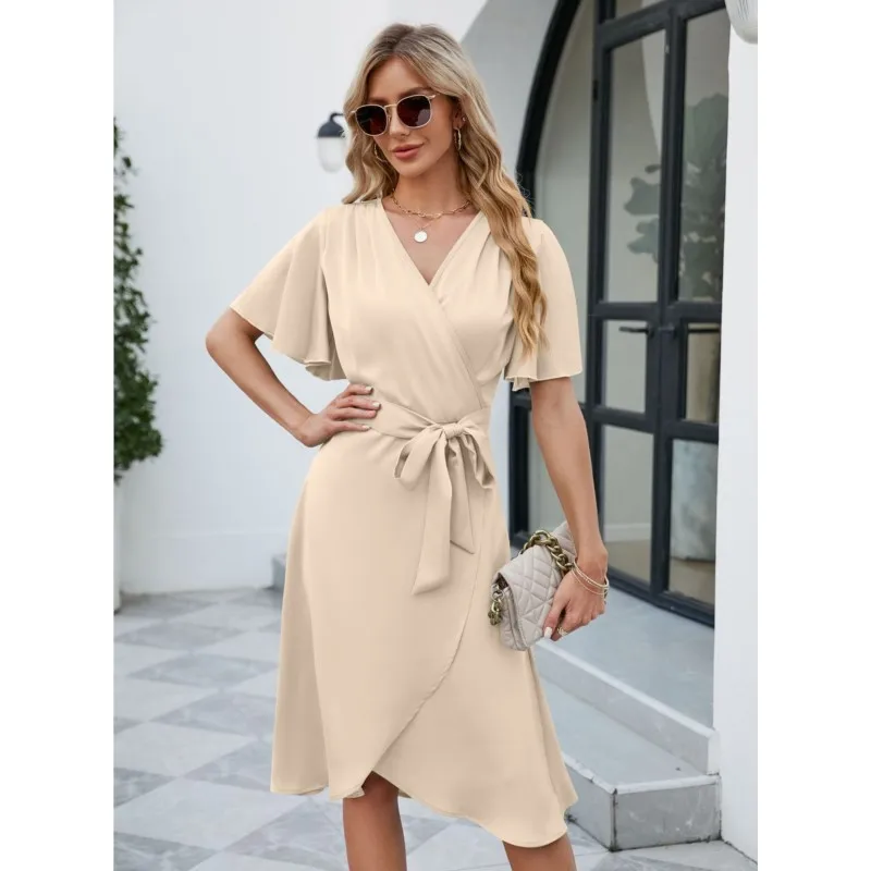 

Spring And Summer Elegant Women's Satin Solid Lace Up Dress Fashion Women's V-neck Short Sleeve Waist Flare Sleeve Sexy Dresses