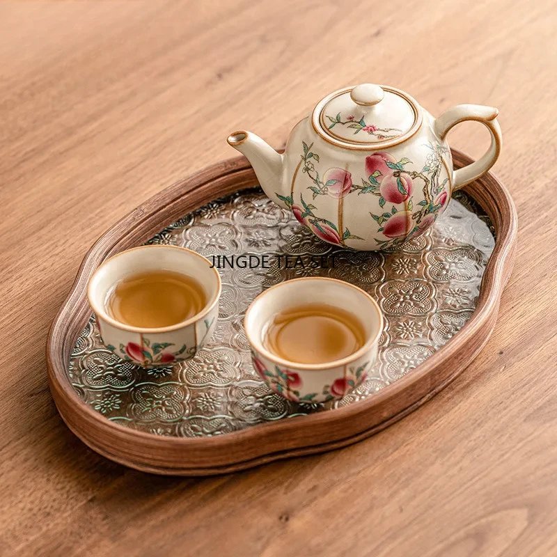 220ml high-end Ruyao teapot Japanese pink Longevity Peaches peach tea set 1 pot 2 cups tea ceremony set