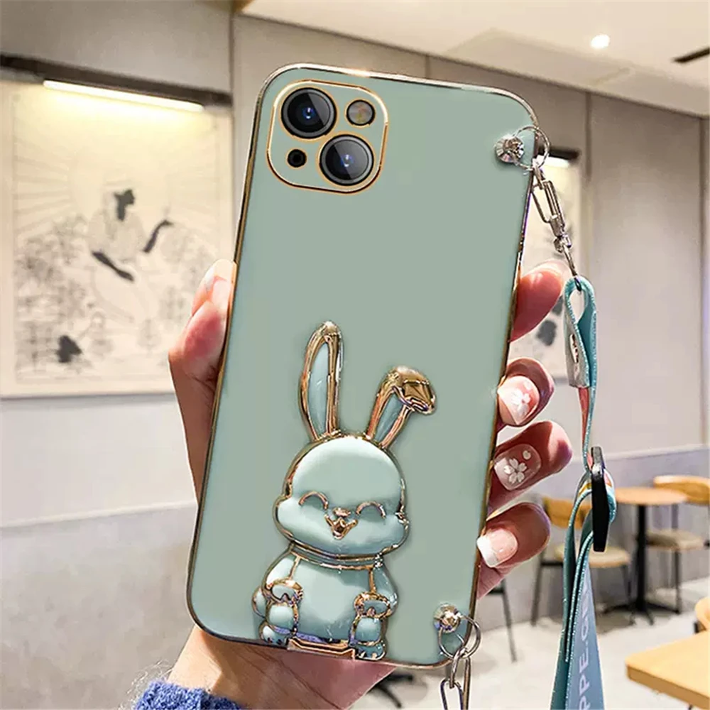 Crossbody Lanyard Rabbit Bracket Plating Silicone Phone Case