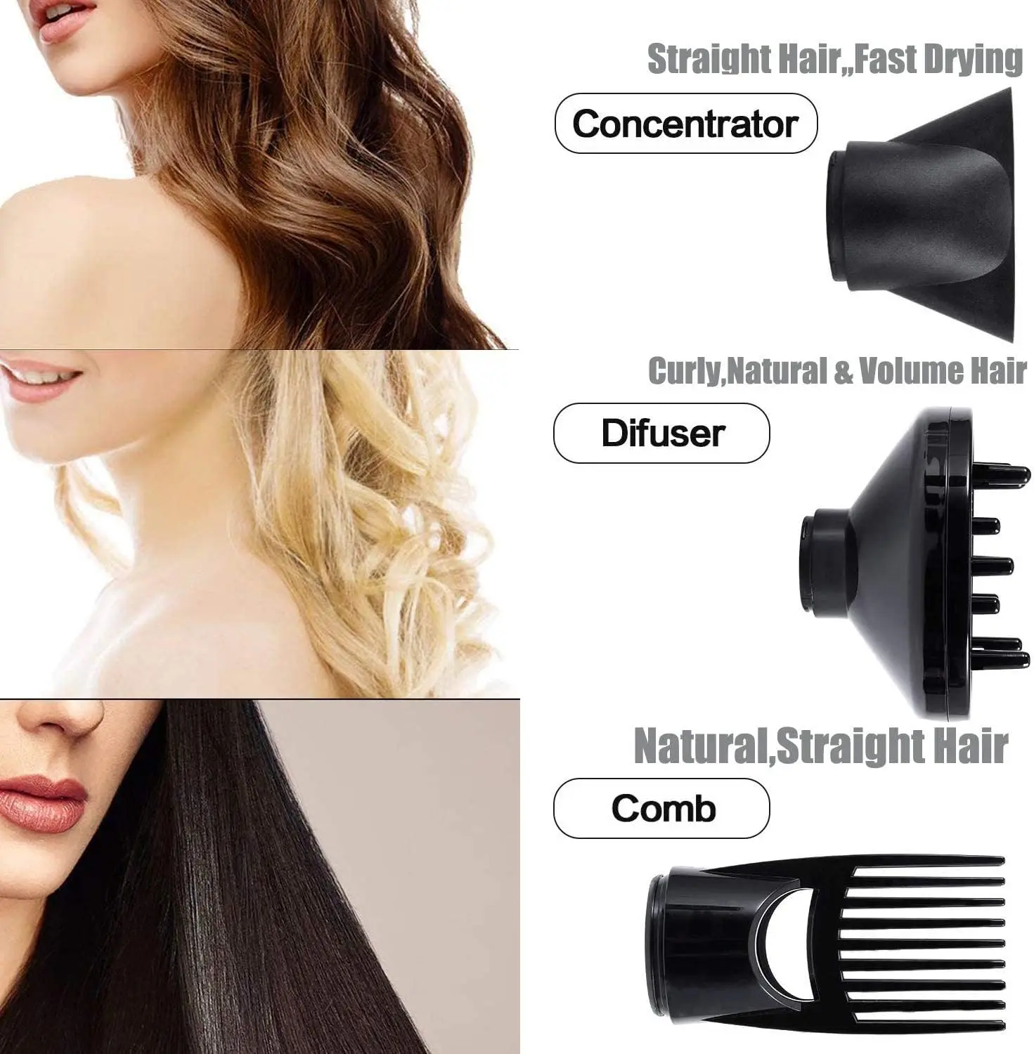 Dryer 1875W, Negative Ionic Fast Dry Low Noise Blow Dryer, Professional Salon Hair Dryers with Diffuser, Concentrator, Styl