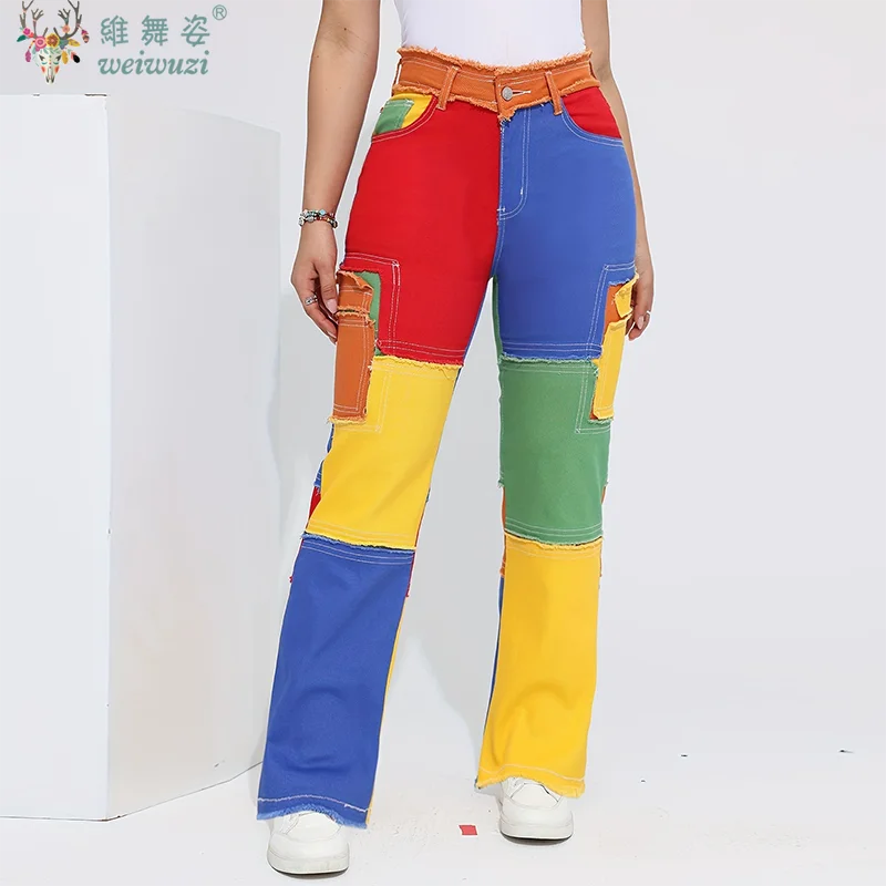 Y2K Women Colorful Jeans Distressed Hight Waist Denim Pants Loose Color-blocked Streetwear Energetic Cool HipHop Straight Jeans 1