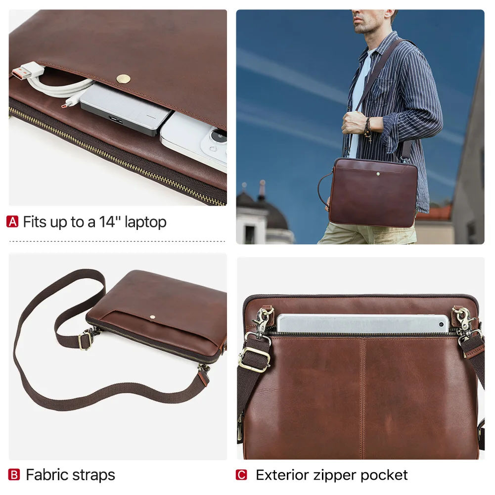 Men's Genuine Leather Laptop Case For MacBook Pro 14 Air 13 Handbag With Detachable Shoulder Strap Vintage Crossbody Bag