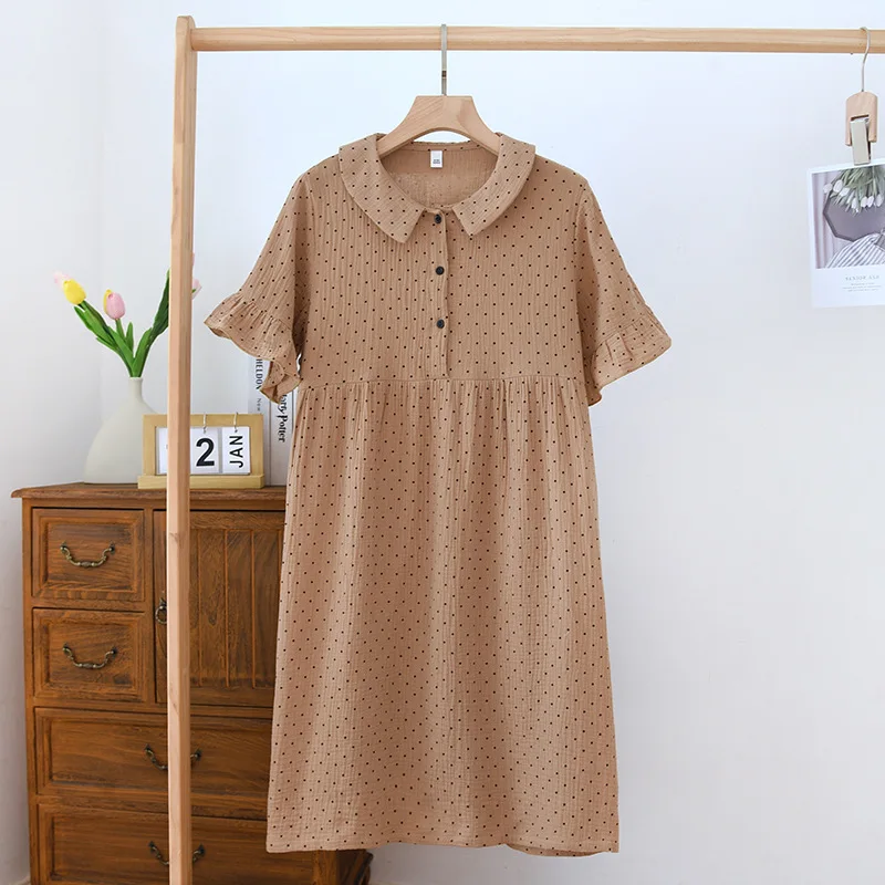 Summer 2024 New Women's Skirt Short Sleeve Nightwear 100% Cotton Crepe Doll Neck Dot Dress Loose Size Cute Sweet Home Dress
