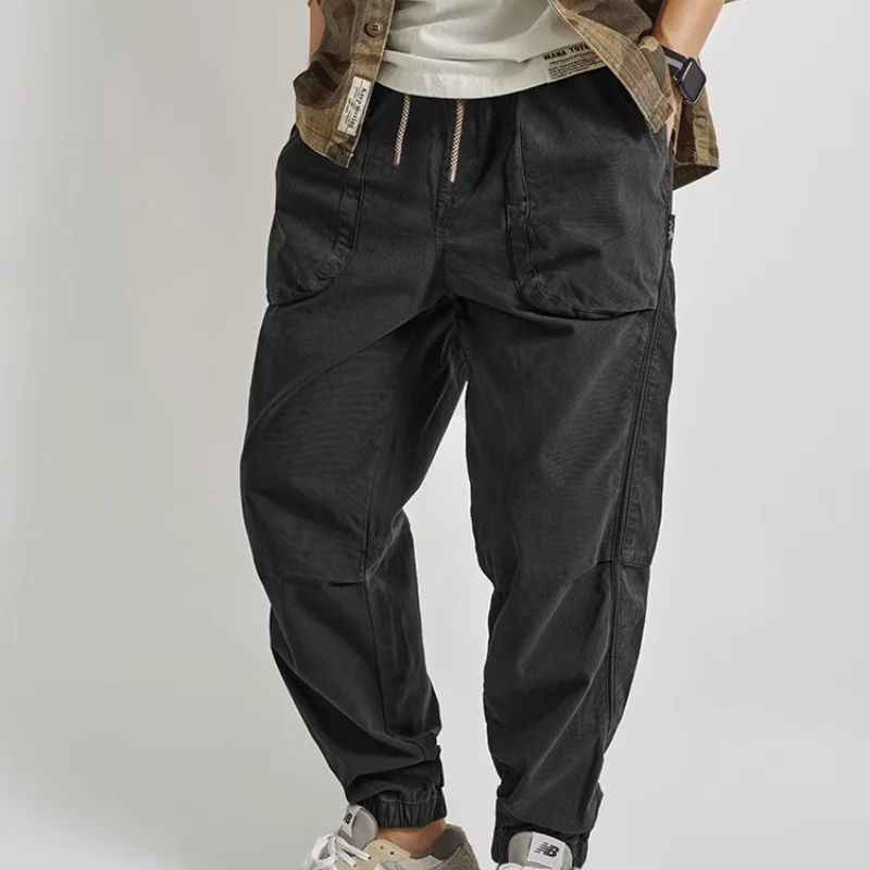 Men Retro Casual Pants Elastic Woven Fabric Autumnal Functionality Tie-Footed Simple Solid Color Work