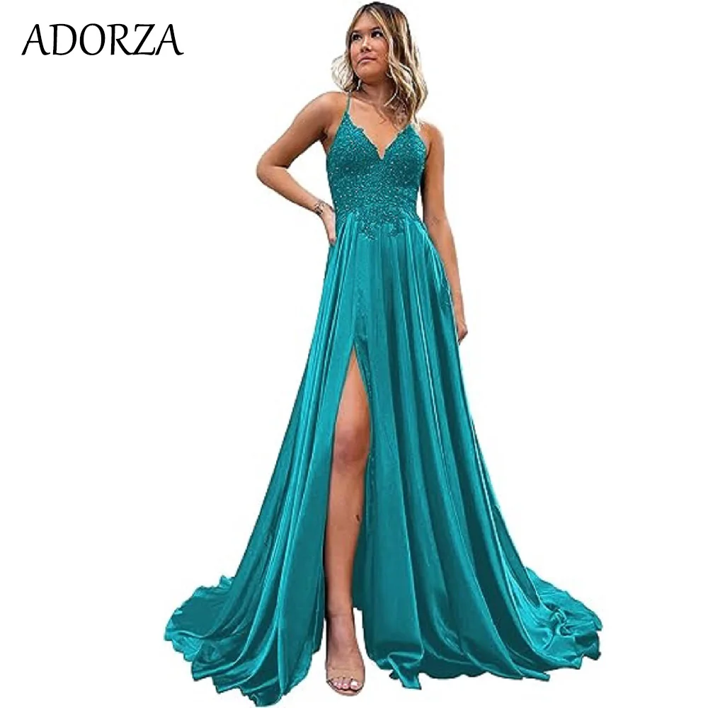 

Adorza A-Line Evening Dresses V-Neck Side Slit Spaghetti Straps Criss-Cross Back Sweep Train Sequin Dinner Party Dress