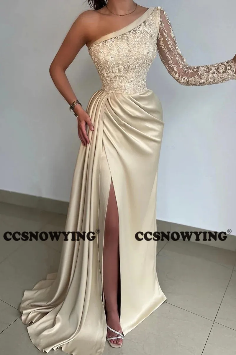 One Shoulder Satin Prom Dress with Slit Taupe